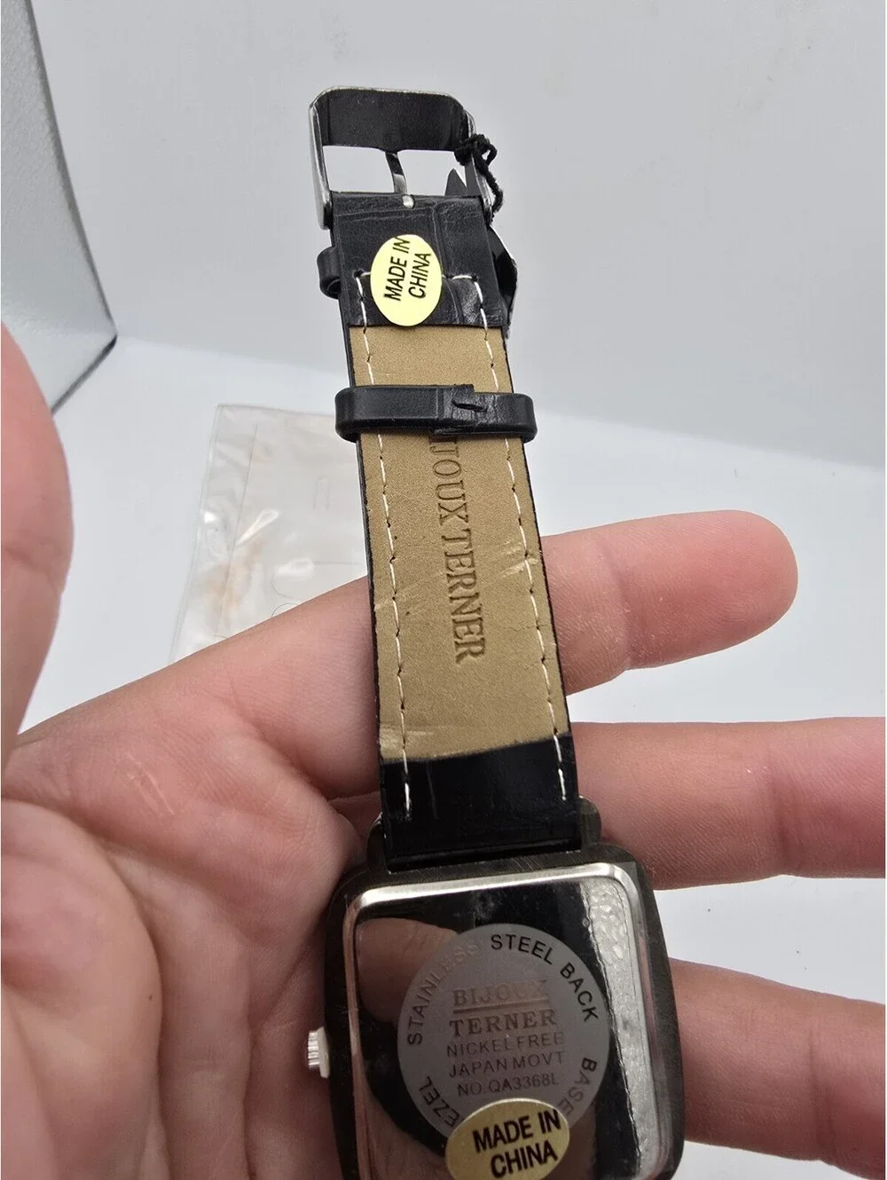 Bijoux Terner QA3368L Ladies Square Black Rhinestone Bezel Quartz Watch Leather